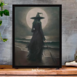 Spooky Halloween Witch Art Print: Moonlit Gothic Decor (Digital Download)