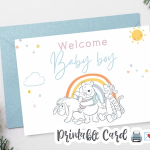 Cartão de boas-vindas para bebê menino para impressão – Tema Ursinho Pooh – Banner azul fofo para download digital – Saudação simples para chá de bebê 011
