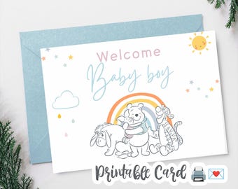 Carte imprimable de bienvenue pour bébé - thème Winnie l'ourson - jolie bannière bleue en téléchargement numérique - voeux simple pour baby shower 011
