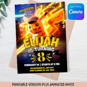 Modèle d'invitation d'anniversaire Détective Pikachu - carte toile modifiable - invitation à une fête Pokémon personnalisable C48