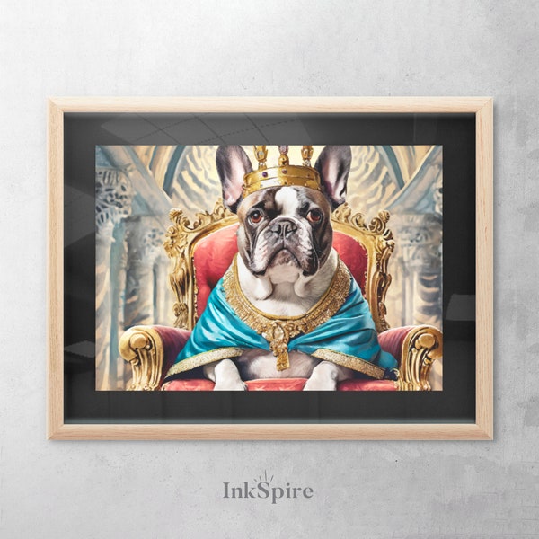 Trône de bouledogue Français majestueux avec couronne et robe-fond zèbre, peinture bouledogue Français, image numérique à télécharger