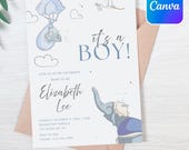 Blue Elephant Baby Invite Template, Editable Canva Mobile & Printable, Inspired by Dumbo, Digital Download