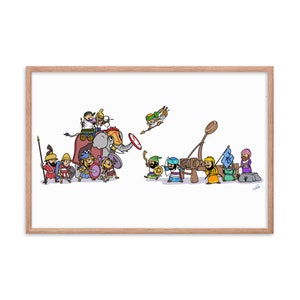 May include: A cartoon illustration of a battle scene with a group of warriors on an elephant facing off against a group of warriors with a catapult. The elephant is red and has a blue and white saddle. The warriors are wearing colorful clothing and helmets. The catapult is made of wood and has a large sling.