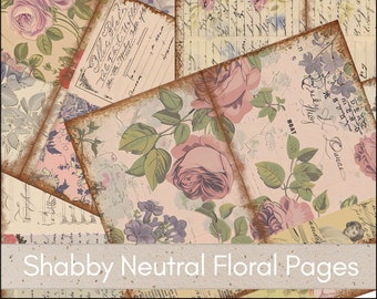 May include: A digital collage of vintage floral pages with a shabby chic aesthetic. The pages feature delicate pink roses, handwritten text, and a faded background.