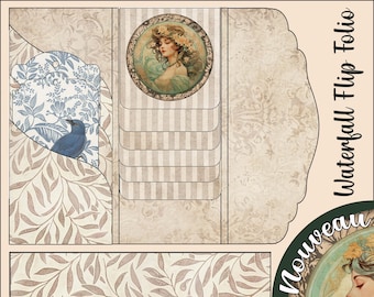 Zestaw dziennika Waterfall Folio Neutral Junk Journal Tall Trifold Art Nouveau Junk Journal Printable Waterfall Flip Digital Template PDF Download