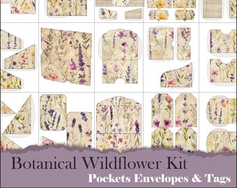 Botanical Junk Journal Digital Kit Vintage Flowers Printable PDF Pages, Naturalist Flower Pockets Tags Envelopes Digital Embellishment