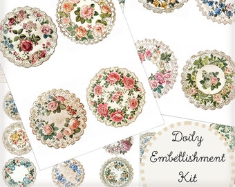 Doily Junk Journal Ephemera Kit - Vintage Lace and Floral Doily Clip Art - Printable Doilies Fussy Cuts Digital PDF Download