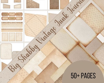 Big Shabby Vintage Neutral Junk Journal Kit Template - Pockets Tags Digital Papers & Lined Journal Pages Mega Bundle - Digital PDF Download