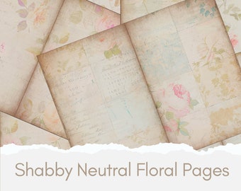 May include: A collage of vintage floral patterned pages with handwritten text and numbers. The pages are in shades of beige, pink, and blue, with a distressed, aged look. The text includes the words "Shabby Neutral Floral Pages".