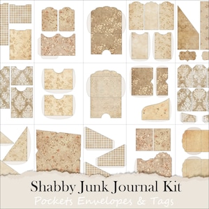 Kit de diário vintage surrado com bolsos, etiquetas antigas para scrapbook, padrões marrons desgastados, envelopes, papel de parede antigo, PDF neutro e sujo