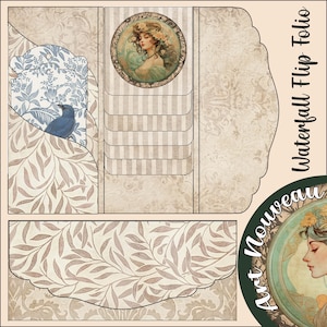 May include: A printable digital download of a vintage-inspired Art Nouveau style folio with a floral design and a woman's portrait. The folio has a waterfall flip design and includes a bird and floral pattern. The text "Art Nouveau Waterfall Flip Folio" is included in the design.