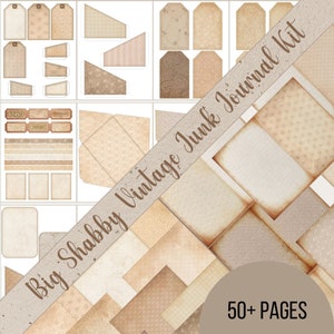 May include: A digital scrapbook kit with over 50 pages of vintage-inspired papers, tags, and embellishments in shades of brown and beige. The kit is perfect for creating journals, planners, and other paper crafts.