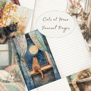 Carta firmata "Cozy Cats at Home" per diario "Junk Journal", pagine vintage con gatti, pagine a righe stampabili con gatti, download PDF digitale