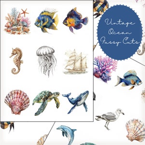 May include: A set of vintage ocean-themed fussy cuts featuring a variety of sea creatures, including a blue and yellow fish, a seahorse, a jellyfish, a sailboat, a sea turtle, a whale, a seagull, and a seashell. The image also includes coral and other ocean-themed elements.