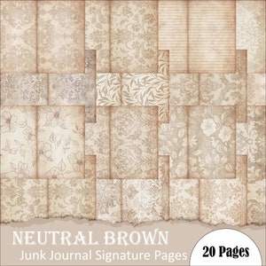 Pode incluir: Um conjunto de 20 páginas com padrões marrons neutros para junk journaling. As páginas apresentam uma variedade de desenhos florais e de damasco.