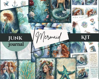 Mermaid Junk Journal Kit Nautical Ocean Digital Journal Pages & Printable Mermaid Ephemera PDF