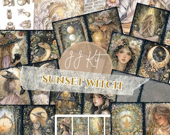May include: A collection of 65 pages of digital art featuring a "Sunset Witch" theme. The artwork includes illustrations of witches, moons, flowers, and mystical elements. The color palette is soft, with a focus on earthy tones and watercolor effects.