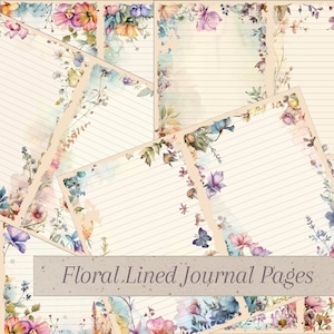 Carta a righe con fiori per diario spazzatura, graziose pagine vintage con fiori per diario spazzatura, bellissime pagine doppie, download PDF stampabile digitale con fiori di campo