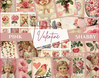 Printable Vintage Valentines Day Junk Journal Kit Shabby Chic Valentine Journal Pages Digital PDF Download