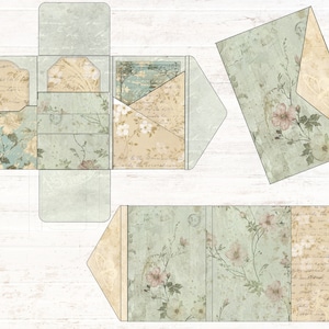 May include: A set of printable paper crafting templates featuring a vintage floral design with a light blue and beige color scheme. The templates include a card, envelope, and a box with multiple compartments.