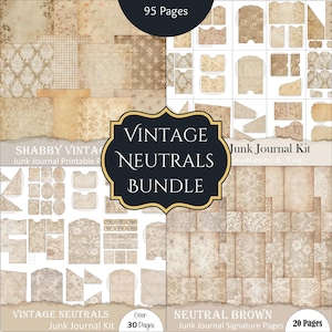 May include: A digital printable junk journal kit with 95 pages of vintage neutral patterned paper, envelopes, and tags. The kit includes 30 pages of vintage neutrals and 20 pages of neutral brown.