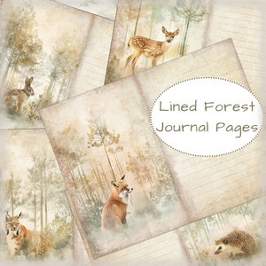 May include: Four lined journal pages with a forest theme. Each page features a different woodland animal, including a deer, fox, rabbit, and hedgehog. The pages are decorated with a watercolor-style forest background.