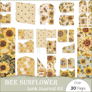 Junk Journal Kit Bee Sunflower Junk Journal Bundle, Pockets and Tags Honey Bee & Sunflower Digital Printable Junk Journal Kit PDF Download