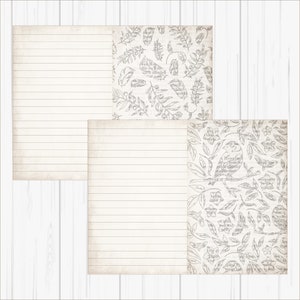 May include: Three printable sheets of paper with a vintage aesthetic. The sheets feature a lined background with a subtle gray pattern of leaves and musical notes.
