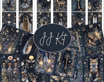 Puede incluir: Un kit de pegatinas para planificador digital con un fondo azul medianoche y diseños florales. El kit incluye imágenes de un zorro, un ciervo, una llave, una pluma, una botella, una luna, un gato y una niña leyendo un libro. El texto "JJ Kit" y "MIDNIGHT BLUE MAGIC" también se incluyen en el diseño.