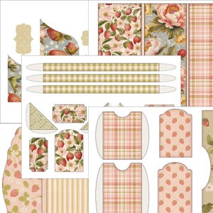 Puede incluir: Paquete de papel digital imprimible con temática de fresa. Incluye varios patrones, bordes y etiquetas en rosa, verde y blanco.