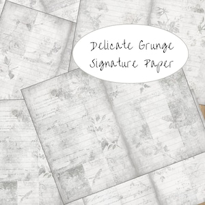 Puede incluir: Un paquete de papel digital con estética grunge. El papel tiene un fondo blanco con líneas grises y un patrón floral. El texto "Delicate Grunge Signature Paper" está escrito en cursiva negra.
