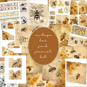 Bee Junk Journal Kit - Shabby Vintage Bee Papers Pockets Tags Ephemera - Printable Digital PDF Download
