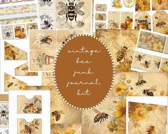Bee Junk Journal Kit - Shabby Vintage Bee Papers Pockets Tags Ephemera - Printable Digital PDF Download