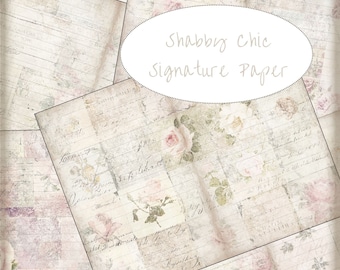 May include: Shabby chic signature paper with a floral design and handwritten text. The paper has a distressed, vintage look.