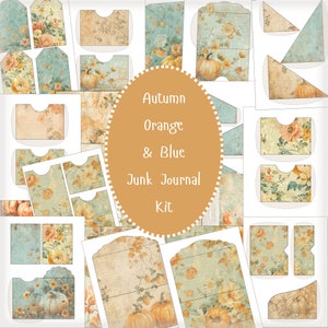 Autumn Junk Journal Kit - Fall Pumpkin Orange & Blue Junk Journal Pockets Tags Envelopes Bundle - Printable Digital PDF Download Bundle
