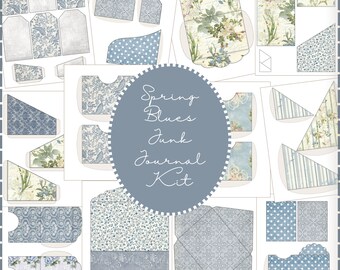 Blue Shabby Chic Junk Journal Kit - Blue & Yellow Junk Journal Pockets Tags Envelopes Bundle - Printable Digital PDF Download