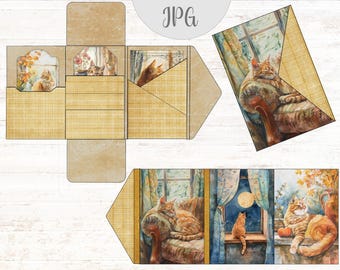 May include: A set of six vintage-style cards featuring illustrations of cats in various poses. The cards are decorated with a checkered pattern and have a rustic, antique aesthetic.