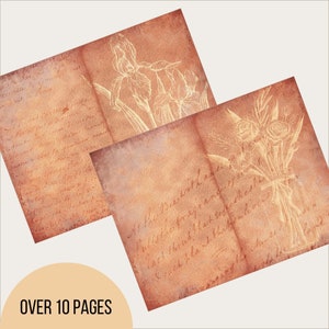 May include: Two pages of a vintage journal with handwritten text and delicate floral illustrations in white ink. The pages are a warm brown color with a textured, aged look.