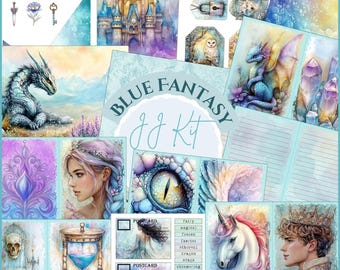 Blue Fantasy Fairytale Printable Junk Journal Kit Digital Dragon & Fantasy Journal Pages PDF Download