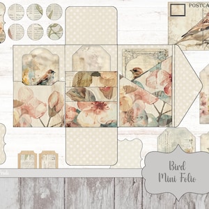 Puede incluir: Un conjunto de elementos de artesanía en papel imprimibles con temática de pájaros. El conjunto incluye un mini folio, etiquetas y círculos con un diseño floral vintage. El texto "Bird Mini Folio" está incluido en el diseño.