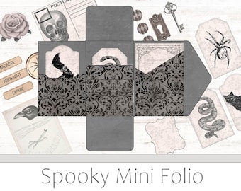 May include: A black and gray mini folio with a spooky theme. The folio has a variety of pockets and compartments, including a large pocket with a black and white damask pattern. The folio also features a variety of decorative elements, including a skull, a spider, a snake, and a key.