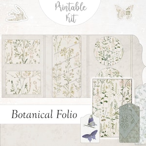 Puede incluir: Kit de folio botánico imprimible con una variedad de diseños florales, incluyendo una mariposa, una etiqueta y un círculo. El texto "Kit imprimible" y "Folio botánico" está incluido en la imagen.