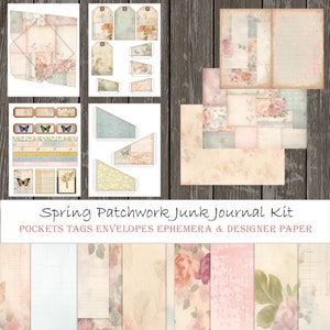 Junk Journal Kit Printable Digital Download Pastel Floral Spring Patchwork PDf Pages Pockets Tags Tickets Washi Tape & More