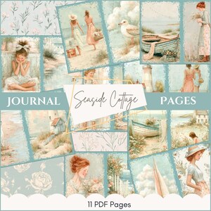 May include: A collage of vintage-style journal pages with a seaside cottage theme. The pages feature illustrations of women, boats, a lighthouse, and floral patterns. The text "Journal Seaside Cottage Pages" and "11 PDF Pages" are visible.