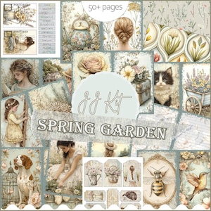 Kit de carnet de bord jardin printanier - Pages imprimables de carnet Gardencore campagne, pages d'arrière-plan numériques CottageCore Meadow, printemps PDF