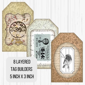 May include: Set of three printable 5 inch by 3 inch layered tag builders with vintage designs. The first tag features a map with a stamp that says "Centimes 30". The second tag features a vintage ticket with the text "Public Service 8-14 $1.25 Weekly Pass N° 135786". The third tag features a bird on a branch with a vintage floral background.