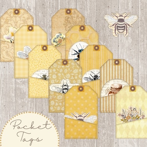 Bee Pocket Tags Junk Journal Kit - Vintage Yellow Bee Themed Ephemera - Printable Digital PDF Download