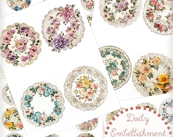 Doily Junk Journal Embellishment Kit - Vintage Lace and Flower Doily Clip Art - Printable Doilies Fussy Cuts Digital PDF Download