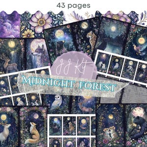 Puede incluir: Un kit de collage digital de 43 páginas con ilustraciones de un bosque de medianoche con búhos, lobos, ciervos y otras criaturas del bosque. El kit se titula "JJ Kit Midnight Forest".