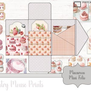 Söta Macaron Cookie Mini Folio Kit Junk Journal Kit Jordgubb Dessert Pastell Konditori Godisbutik Utskrivbar Digital PDF-nedladdning